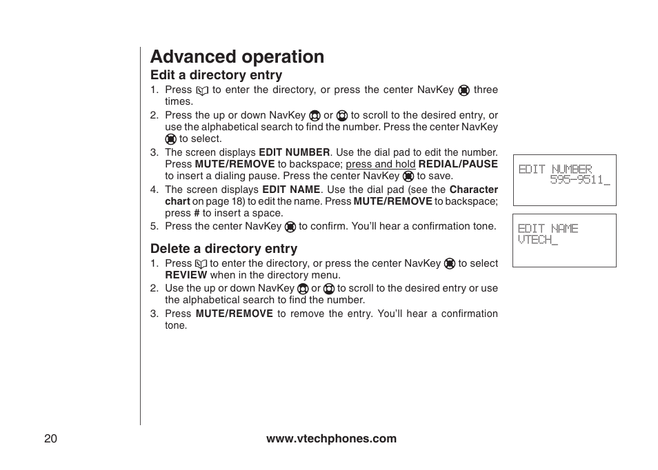 Edit a directory entry delete a directory entry, Advanced operation | VTech DS4122-4 User Manual | Page 23 / 61