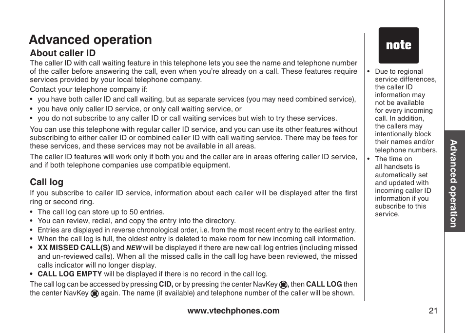 About caller id, Advanced operation | VTech DS4122-4 User Manual | Page 24 / 61