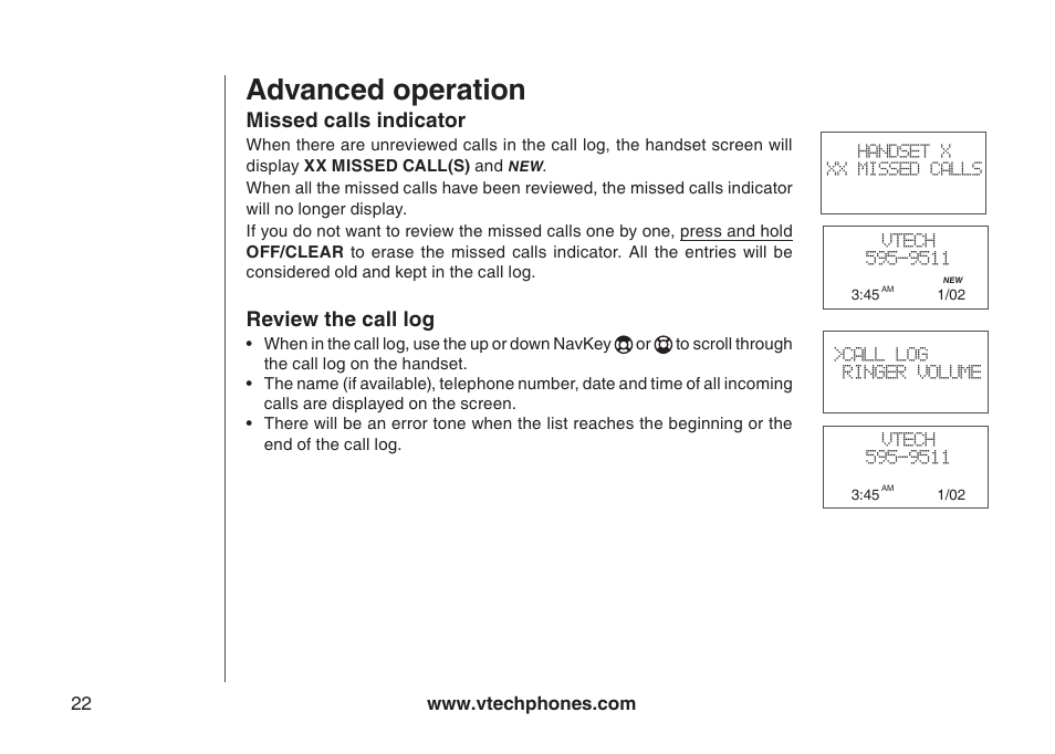 Call log, Review the call log, Advanced operation | Missed calls indicator | VTech DS4122-4 User Manual | Page 25 / 61