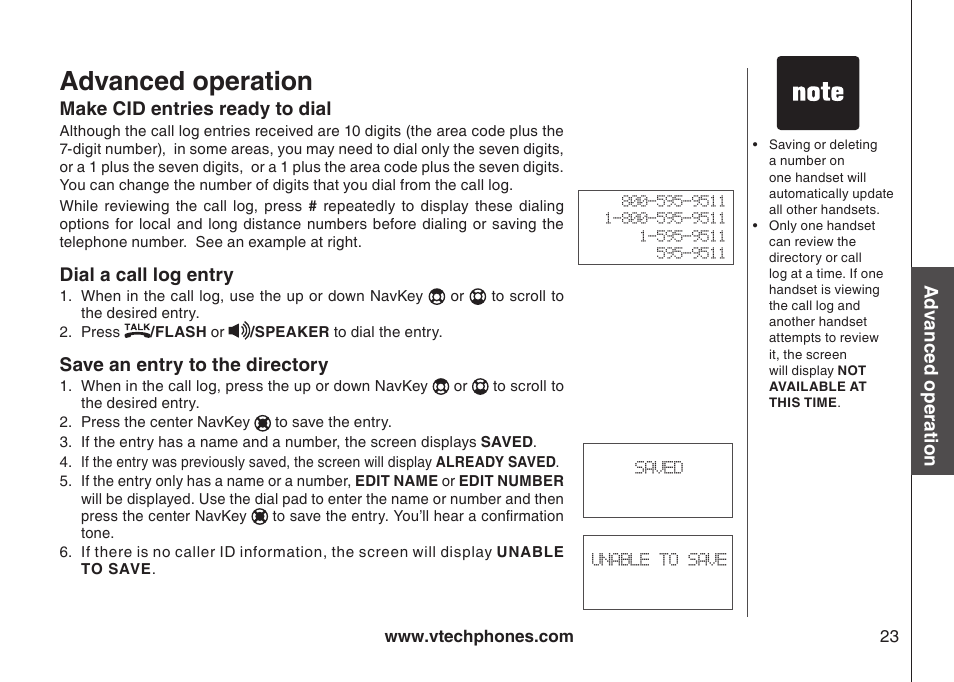 Advanced operation, Make cid entries ready to dial, Dial a call log entry | Save an entry to the directory | VTech DS4122-4 User Manual | Page 26 / 61