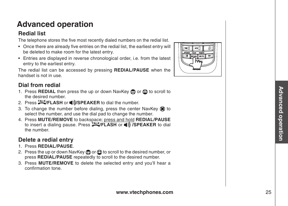 Redial list dial from redial, Delete a redial entry, Advanced operation | VTech DS4122-4 User Manual | Page 28 / 61