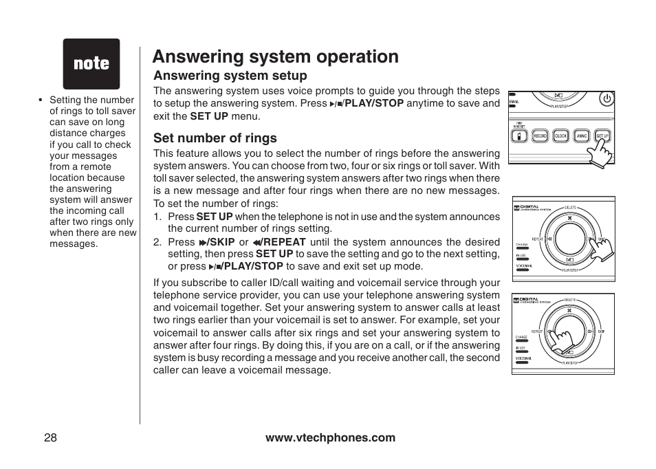 Set number of rings set telephone base ringer, Answering system operation | VTech DS4122-4 User Manual | Page 31 / 61