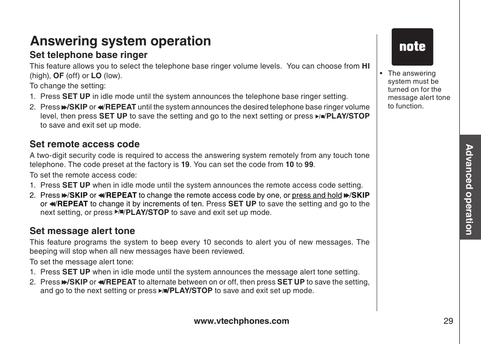 Set remote access code set message alert tone, Answering system operation | VTech DS4122-4 User Manual | Page 32 / 61