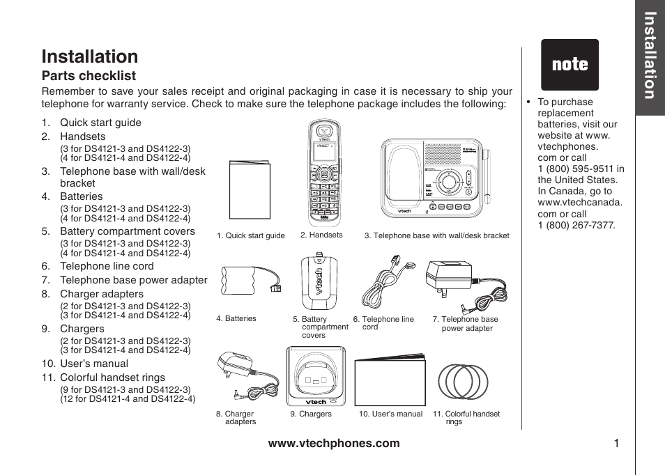 Installation parts checklist, Installation, Bas ic o pe ra tio n | VTech DS4122-4 User Manual | Page 4 / 61