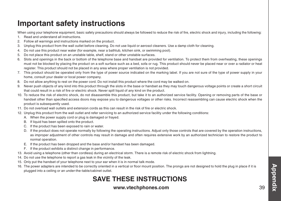 Important safety instructions, Save these instructions, Appendix | VTech DS4122-4 User Manual | Page 42 / 61