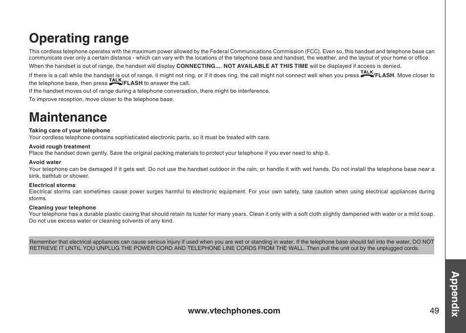 Operating range maintenance, Operating range, Maintenance | Appendix | VTech DS4122-4 User Manual | Page 52 / 61