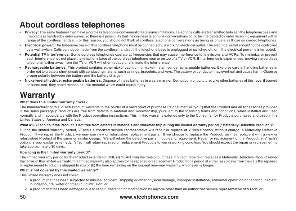 About cordless telephones warranty, About cordless telephones, Warranty | VTech DS4122-4 User Manual | Page 53 / 61
