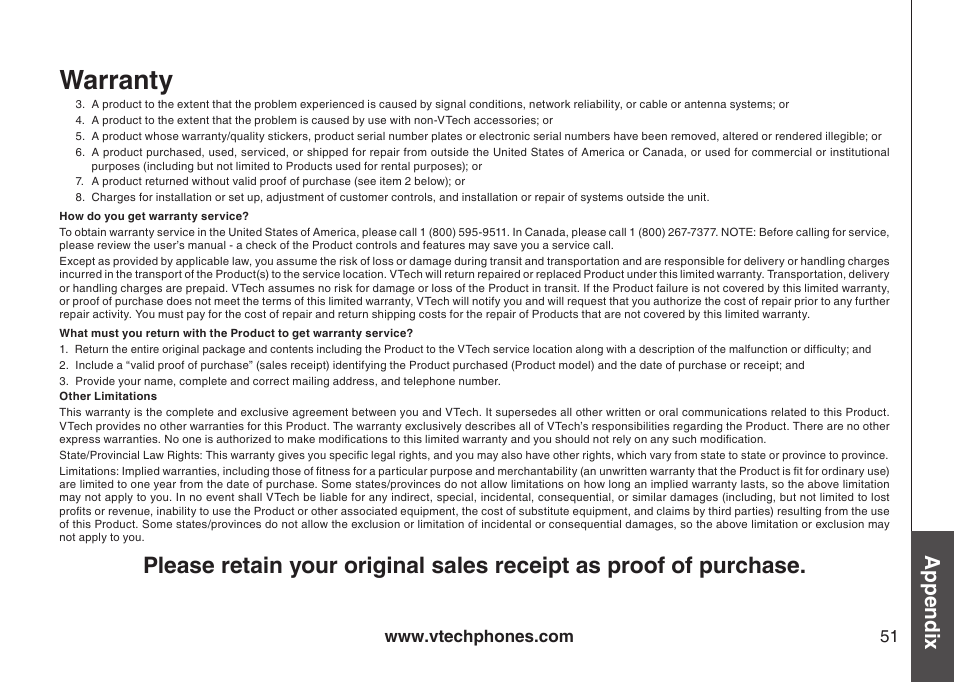 Warranty, Appendix | VTech DS4122-4 User Manual | Page 54 / 61