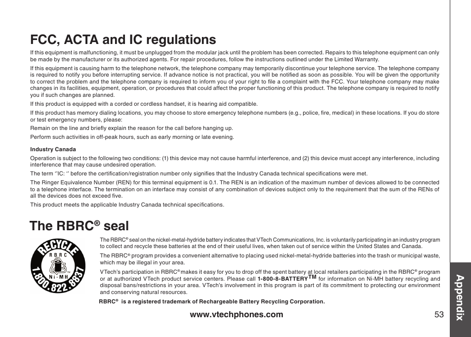 Fcc, acta and ic regulations the rbrc, Seal, Appendix | VTech DS4122-4 User Manual | Page 56 / 61