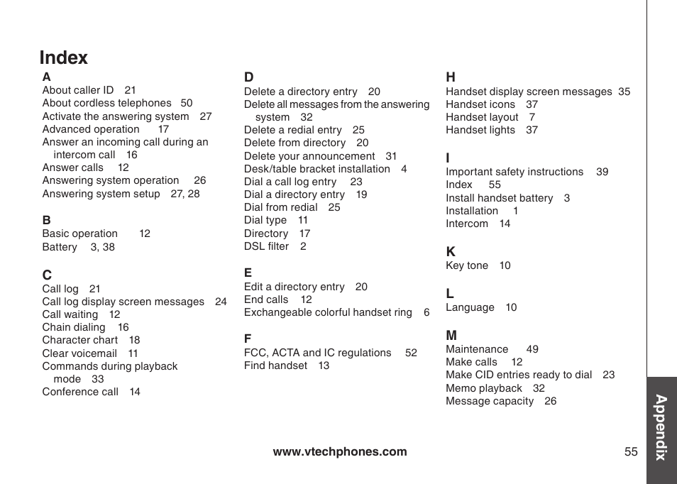 Index, Appendix | VTech DS4122-4 User Manual | Page 58 / 61