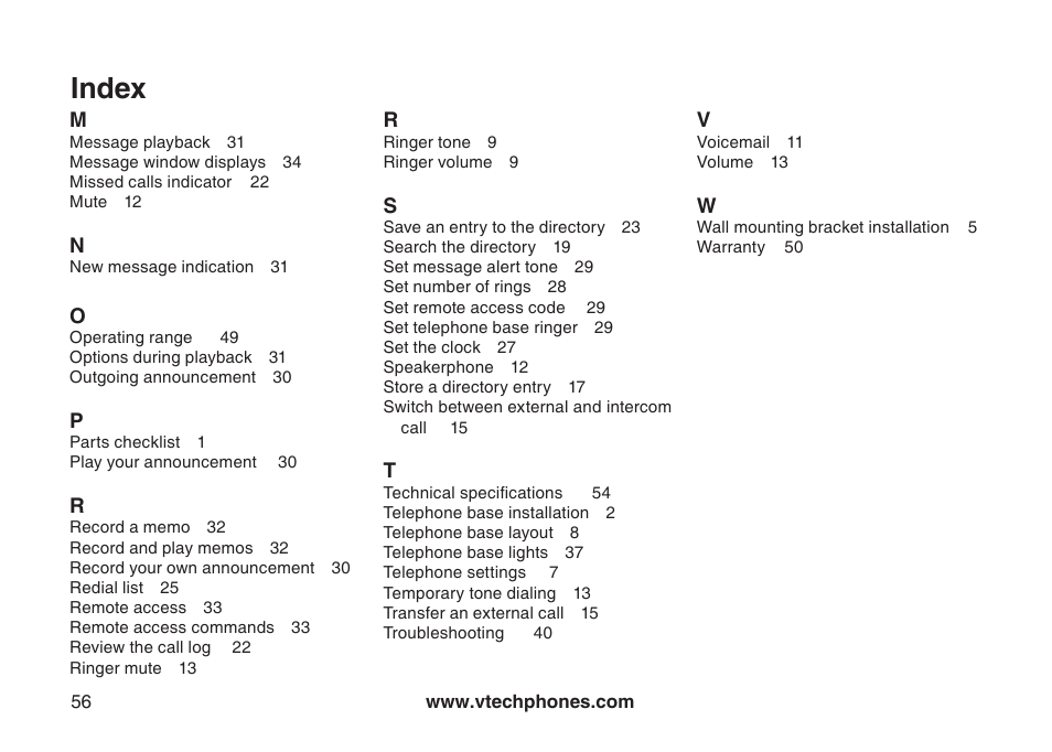 Index | VTech DS4122-4 User Manual | Page 59 / 61
