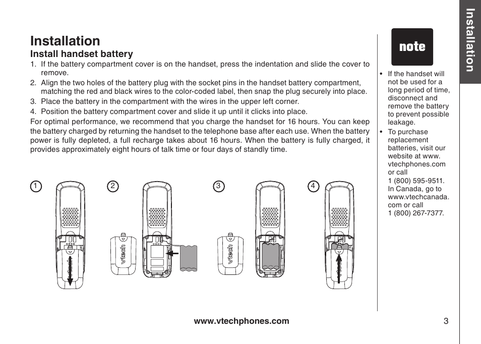 Telephone base installation, Installation, Bas ic o pe ra tio n | VTech DS4122-4 User Manual | Page 6 / 61