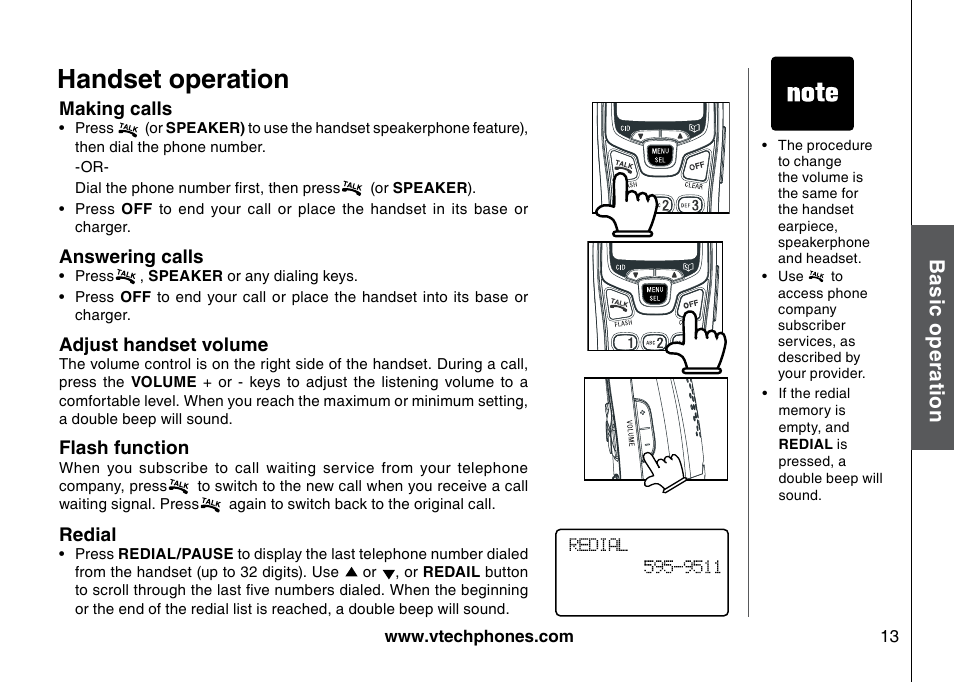 Handset operation, Bas ic o pe ra tio n | VTech I6785 User Manual | Page 13 / 58