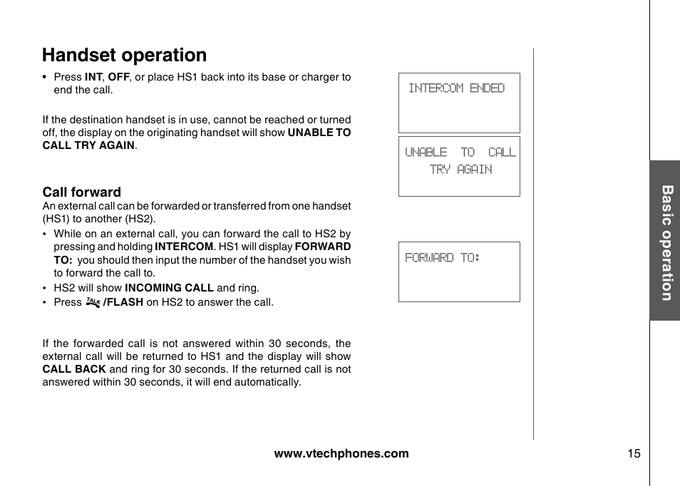 Handset operation, Bas ic o pe ra tio n | VTech I6785 User Manual | Page 15 / 58