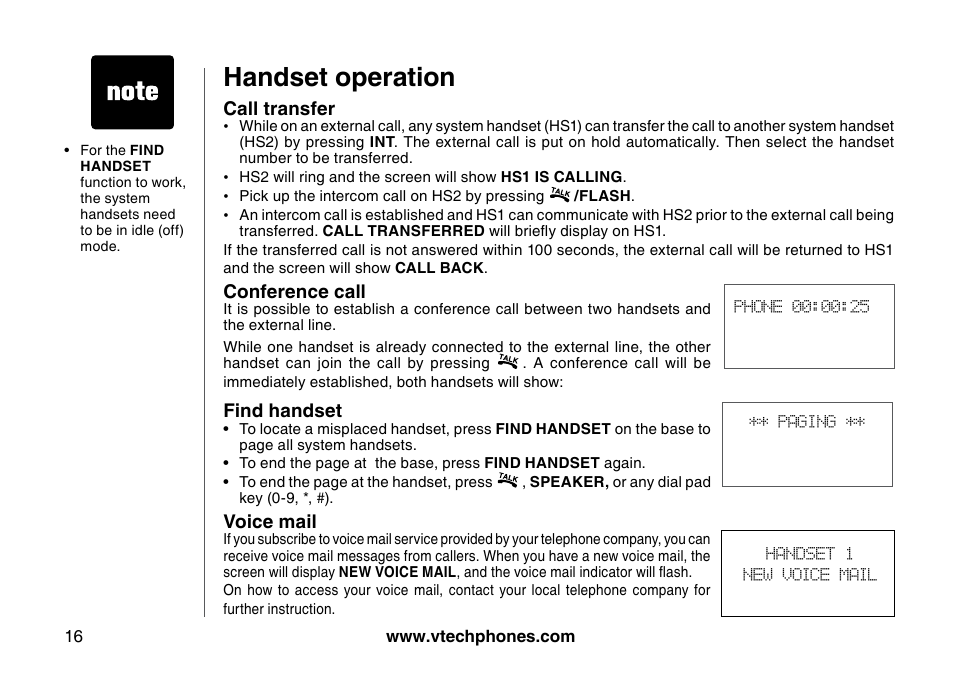 Handset operation | VTech I6785 User Manual | Page 16 / 58