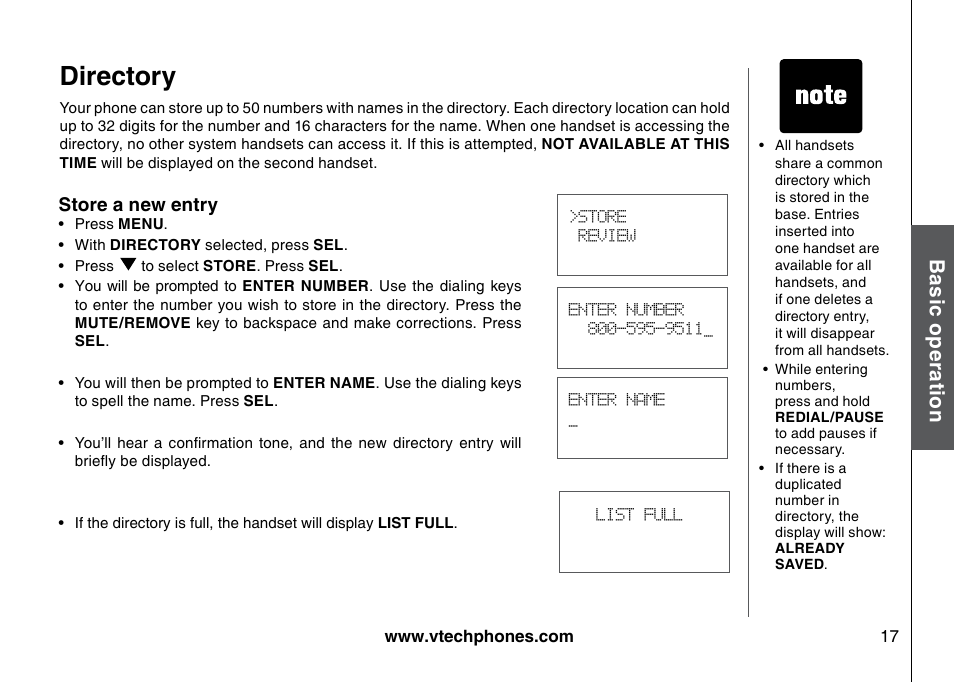 Directory, Bas ic o pe ra tio n | VTech I6785 User Manual | Page 17 / 58