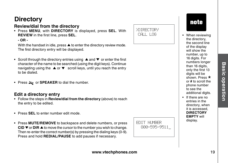 Directory, Bas ic o pe ra tio n | VTech I6785 User Manual | Page 19 / 58