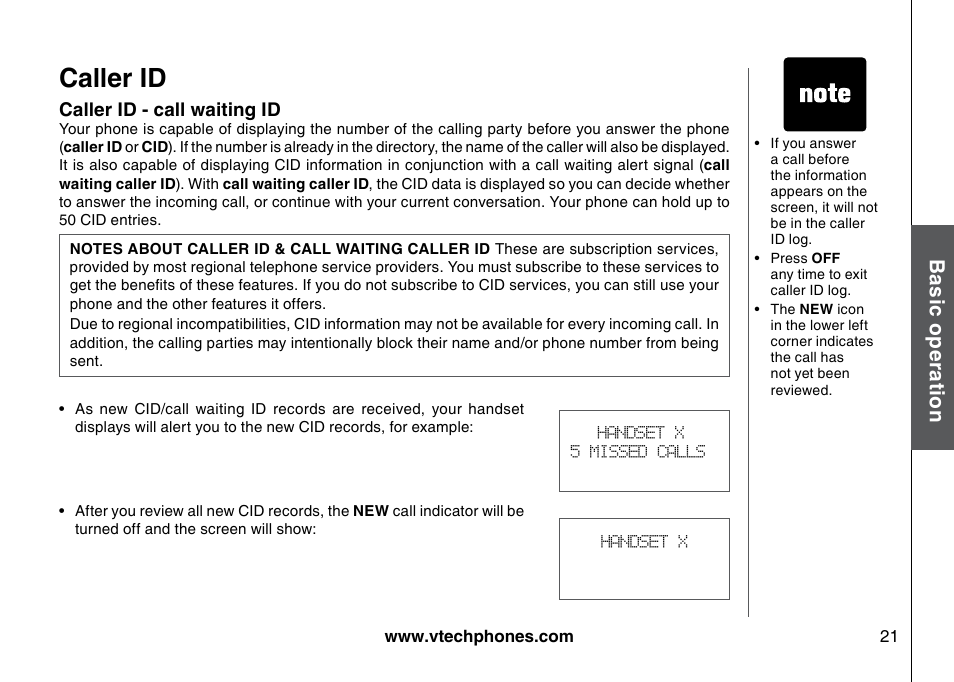 Caller id, Bas ic o pe ra tio n | VTech I6785 User Manual | Page 21 / 58