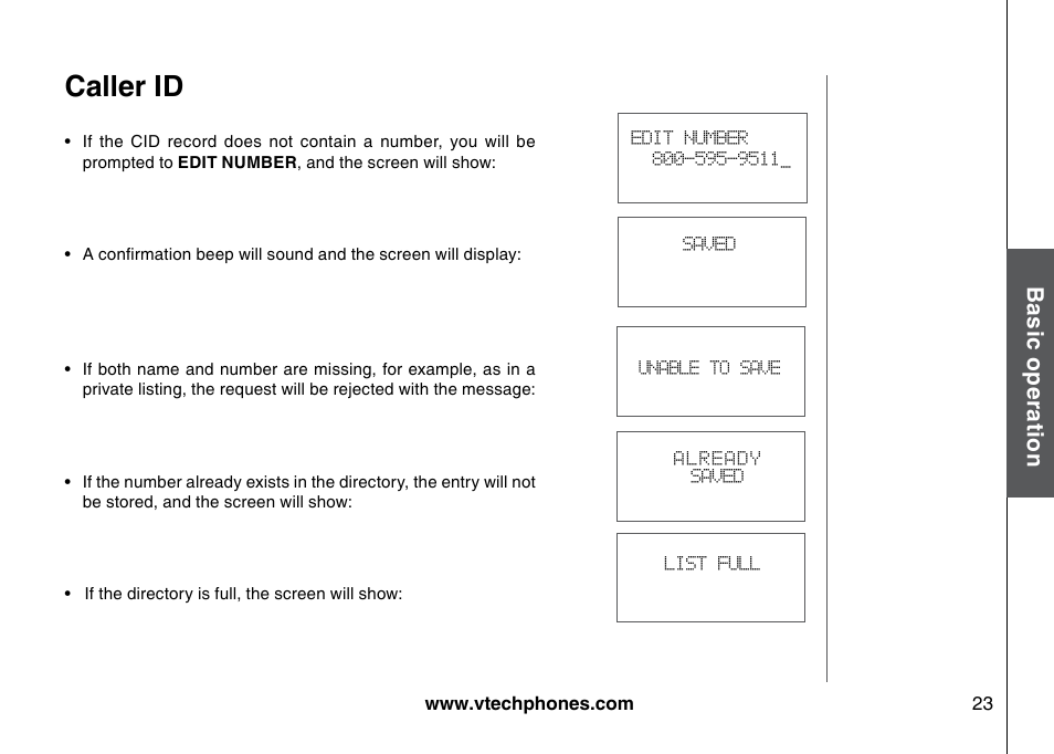 Caller id, Bas ic o pe ra tio n | VTech I6785 User Manual | Page 23 / 58