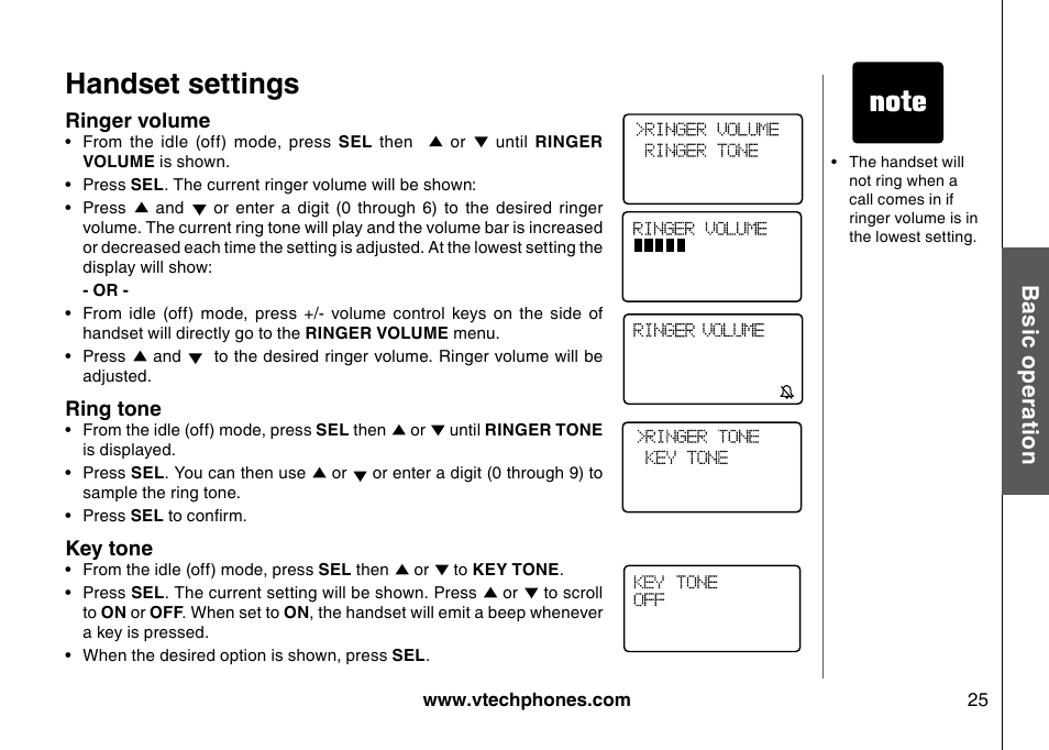 Handset settings, Bas ic o pe ra tio n | VTech I6785 User Manual | Page 25 / 58