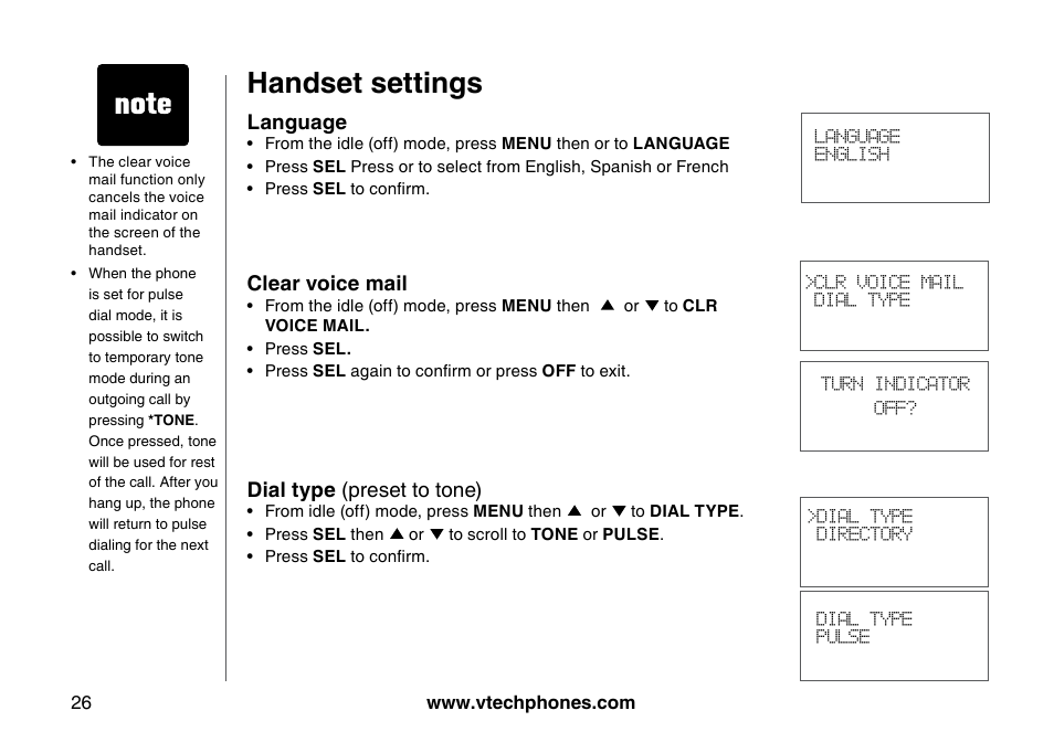 Handset settings | VTech I6785 User Manual | Page 26 / 58