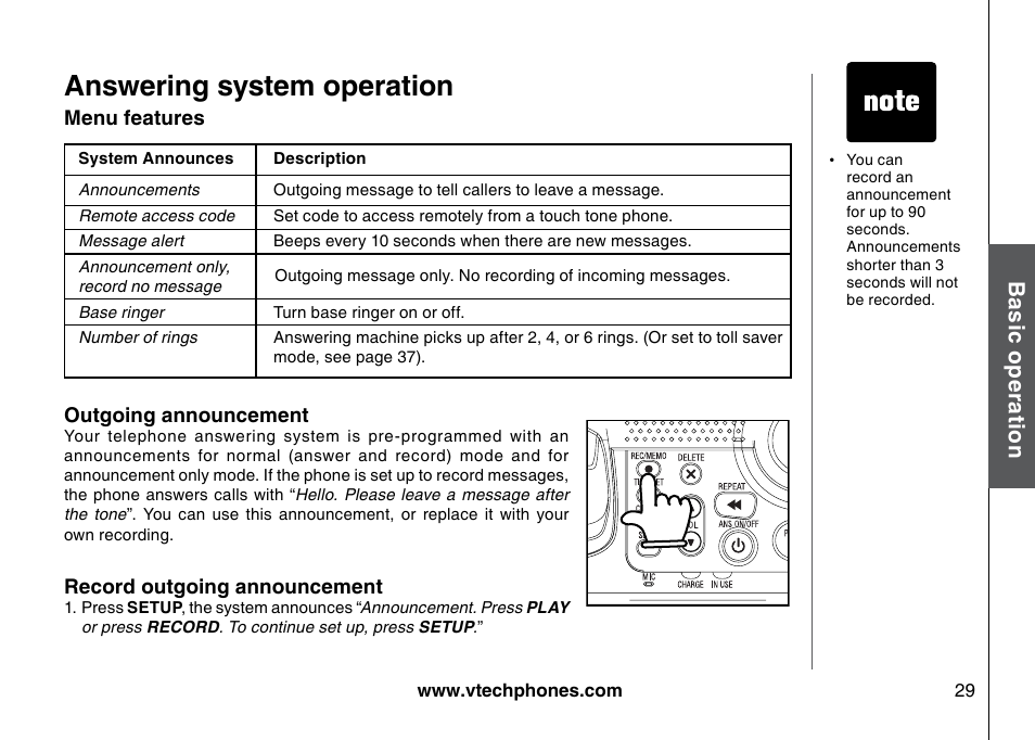 Answering system operation, Bas ic o pe ra tio n | VTech I6785 User Manual | Page 29 / 58