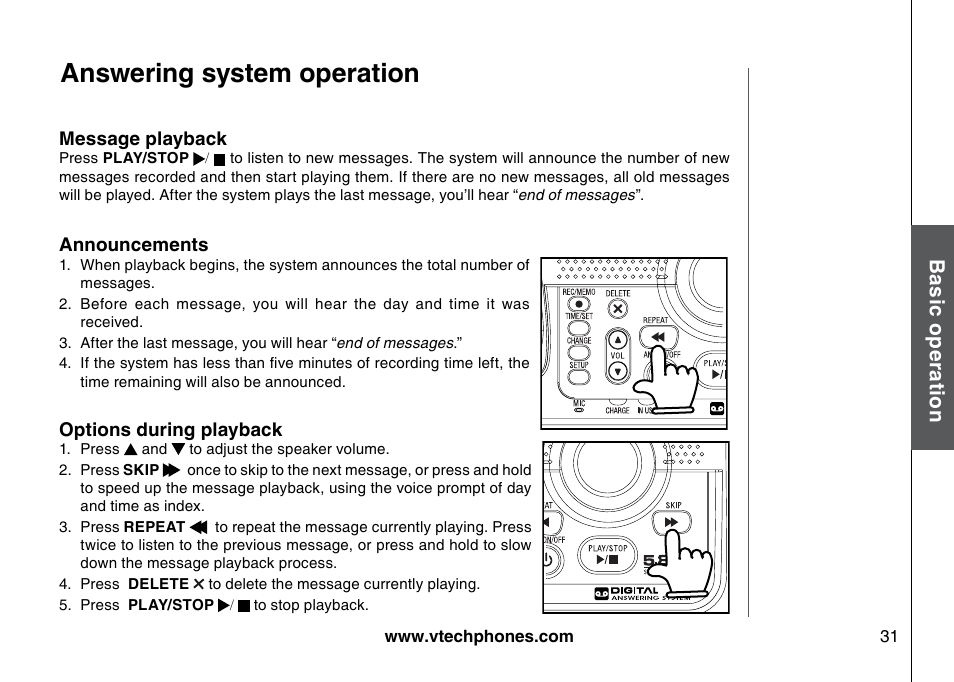 Answering system operation, Bas ic o pe ra tio n | VTech I6785 User Manual | Page 31 / 58