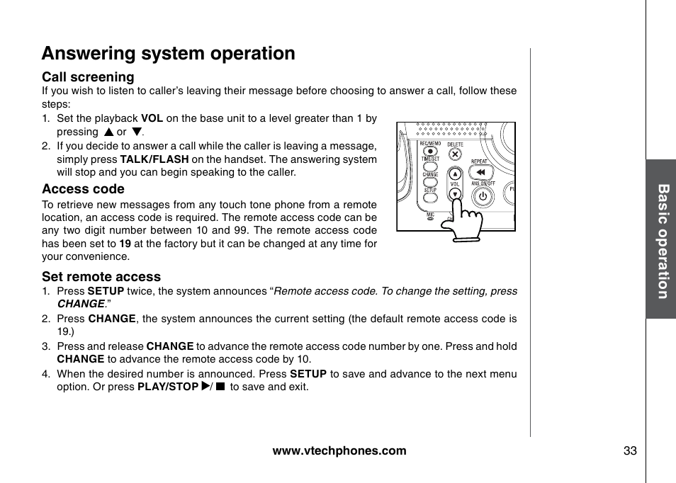 Answering system operation, Bas ic o pe ra tio n | VTech I6785 User Manual | Page 33 / 58