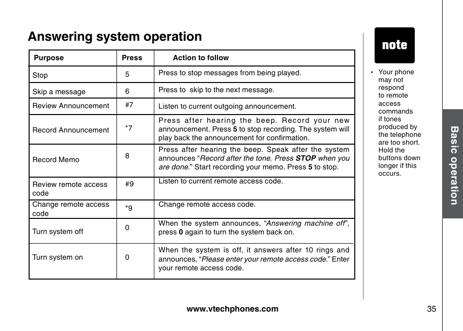 Answering system operation, Bas ic o pe ra tio n | VTech I6785 User Manual | Page 35 / 58