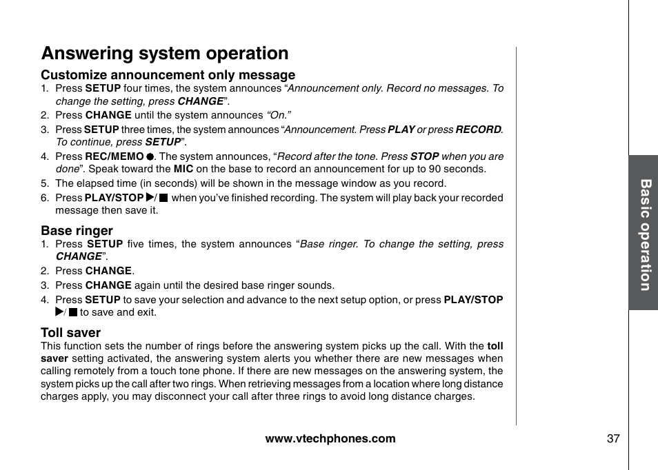 Answering system operation, Bas ic o pe ra tio n | VTech I6785 User Manual | Page 37 / 58