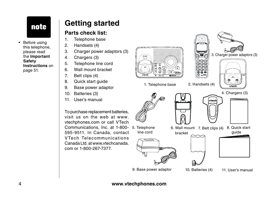 Getting started, Parts check list | VTech I6785 User Manual | Page 4 / 58