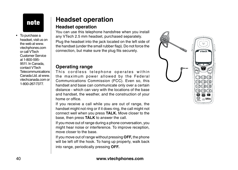 Headset operation | VTech I6785 User Manual | Page 40 / 58