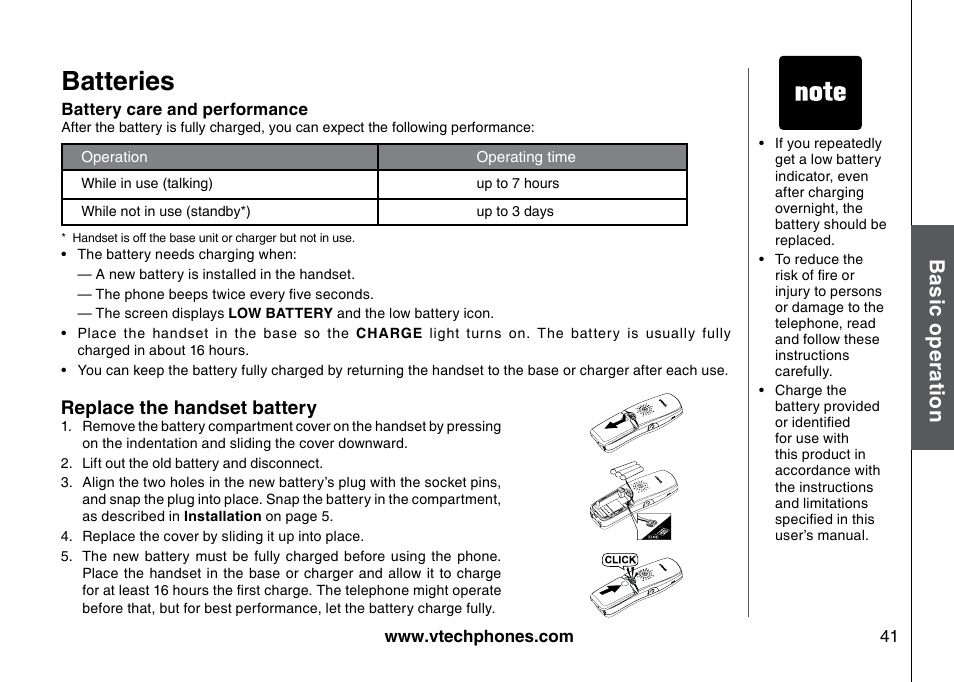 Batteries, Bas ic o pe ra tio n | VTech I6785 User Manual | Page 41 / 58