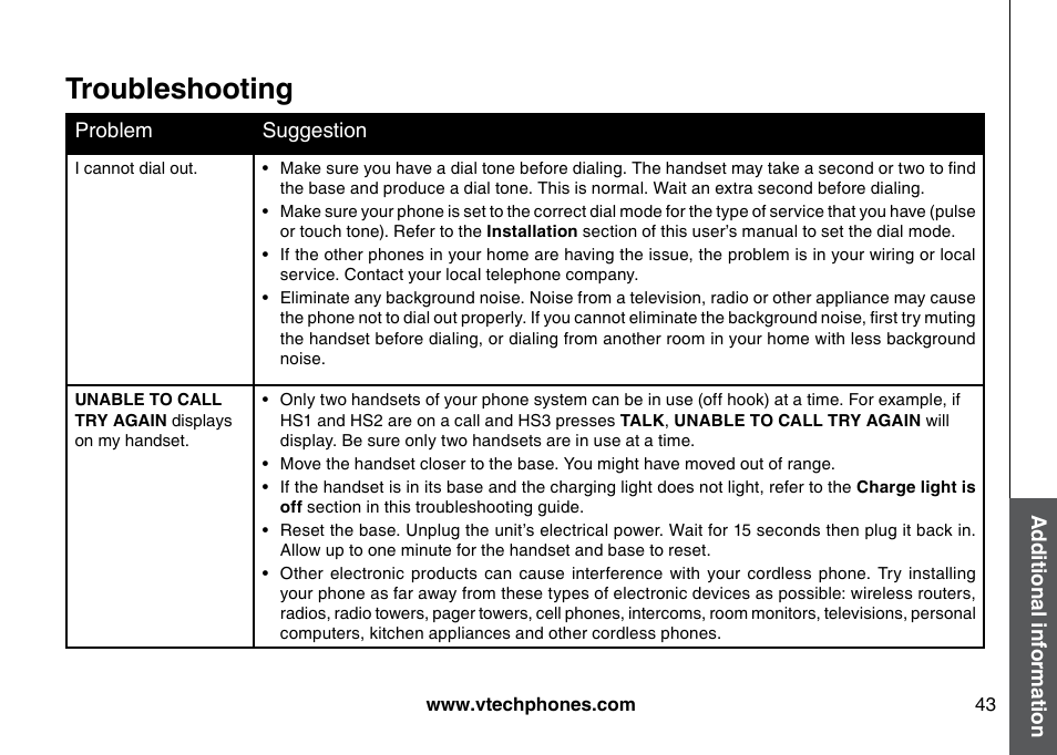 Troubleshooting | VTech I6785 User Manual | Page 43 / 58