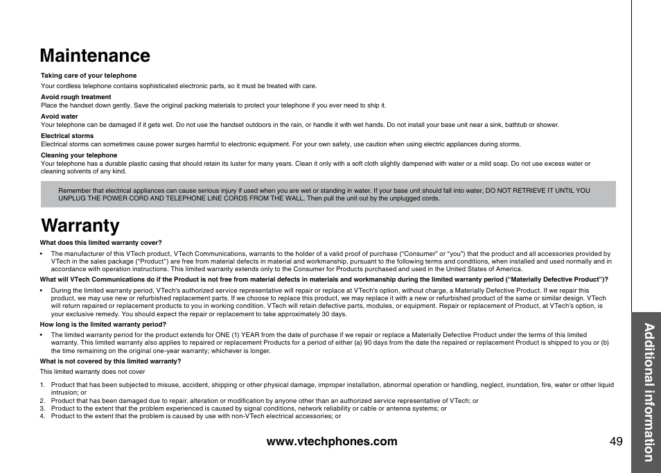 Maintenance, Warranty, Additional information | VTech I6785 User Manual | Page 49 / 58