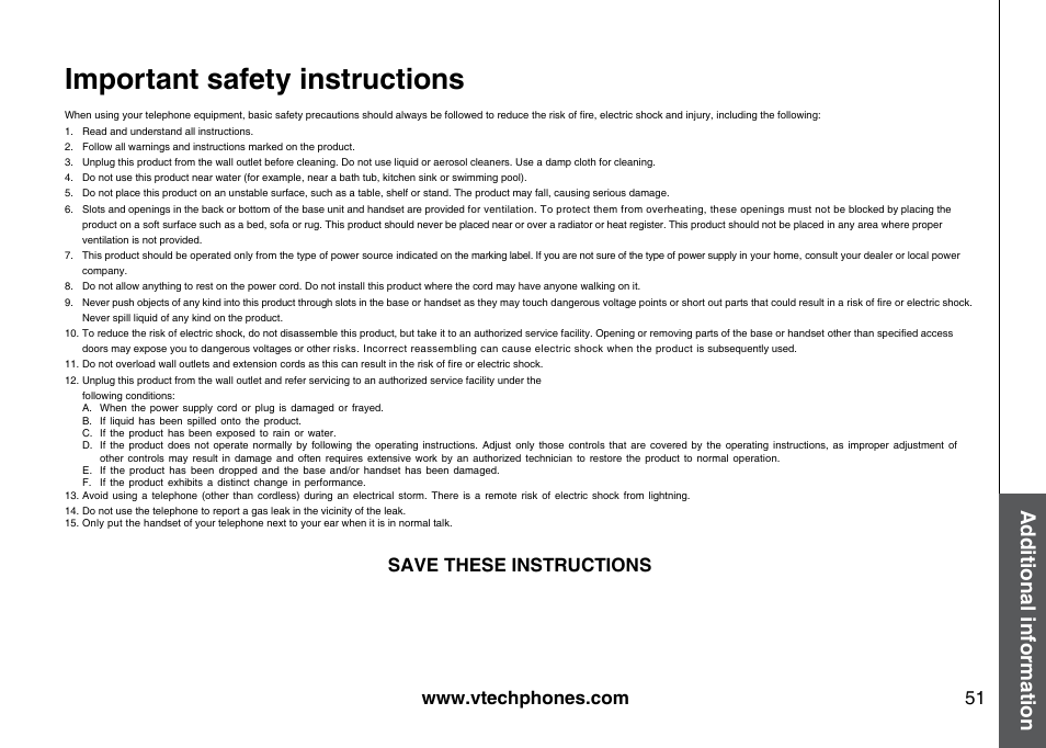 Important safety instructions, Additional information, Save these instructions | VTech I6785 User Manual | Page 51 / 58