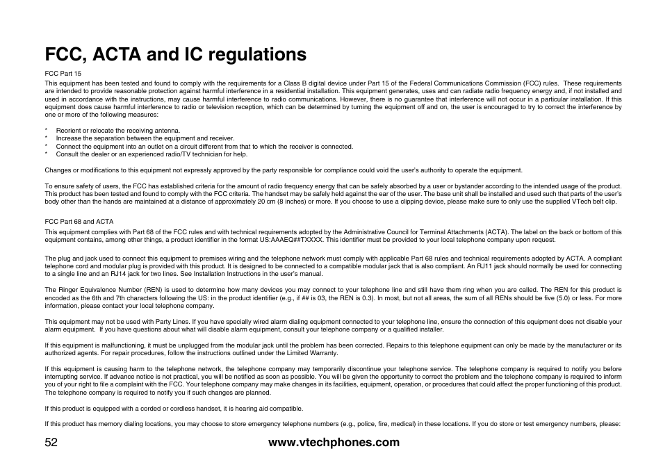 Fcc, acta and ic regulations | VTech I6785 User Manual | Page 52 / 58