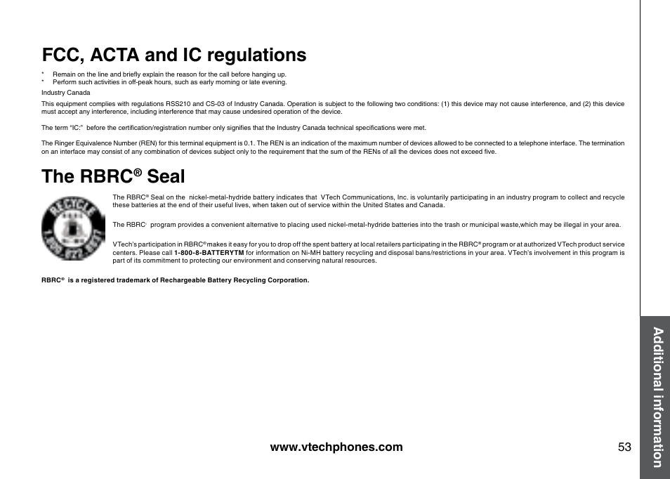 Fcc, acta and ic regulations, The rbrc, Seal | Additional information | VTech I6785 User Manual | Page 53 / 58