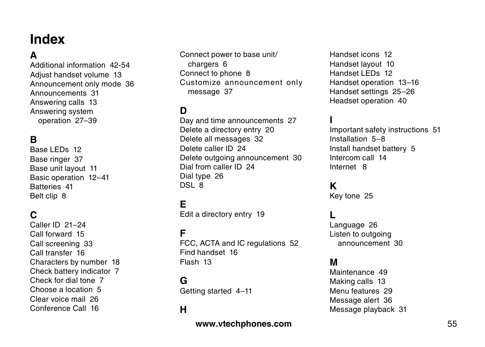 Index | VTech I6785 User Manual | Page 55 / 58