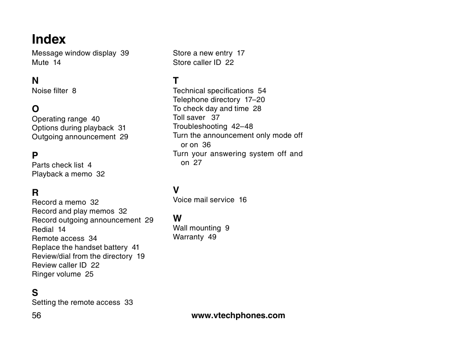 Index | VTech I6785 User Manual | Page 56 / 58