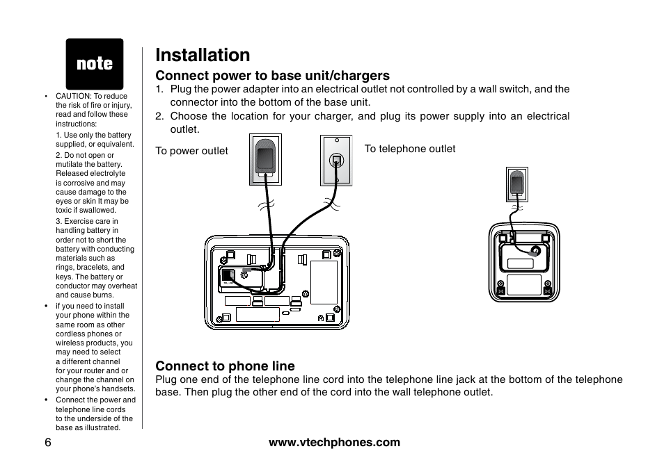 Installation, Connect power to base unit/chargers, Connect to phone line | VTech I6785 User Manual | Page 6 / 58