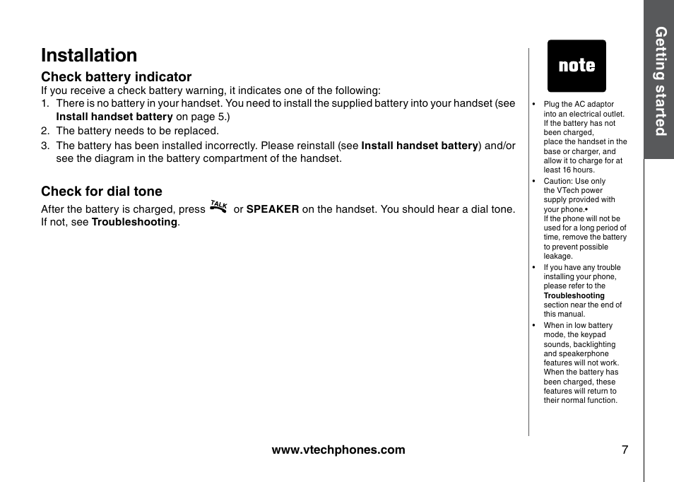 Installation, Gett in g s ta rte d, Check battery indicator | Check for dial tone | VTech I6785 User Manual | Page 7 / 58