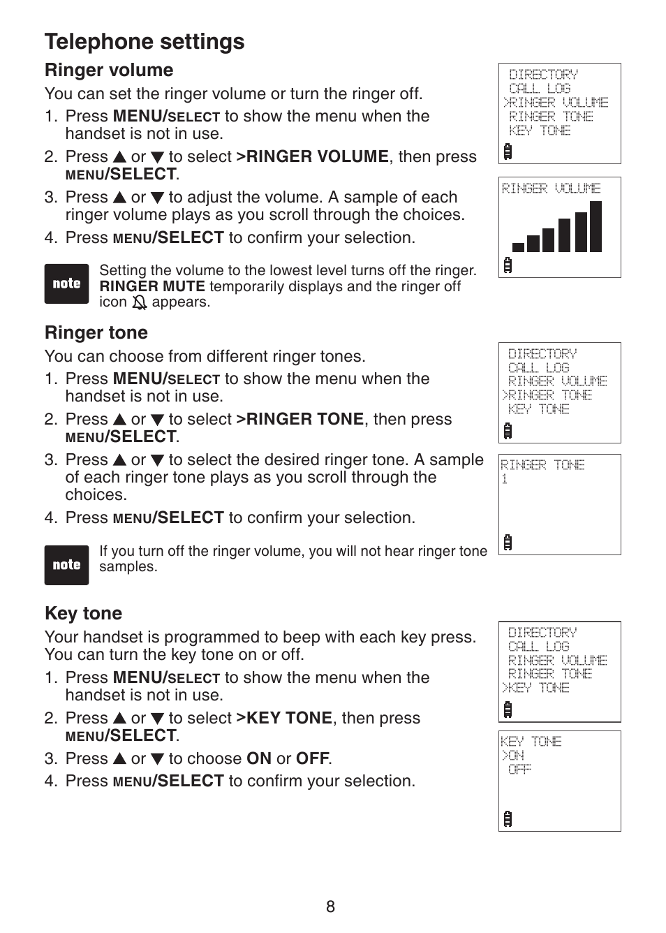Telephone settings ringer volume, Ringer tone, Key tone | Telephone settings, Ringer volume | VTech Dect 6.0 DS6211-4 User Manual | Page 11 / 49
