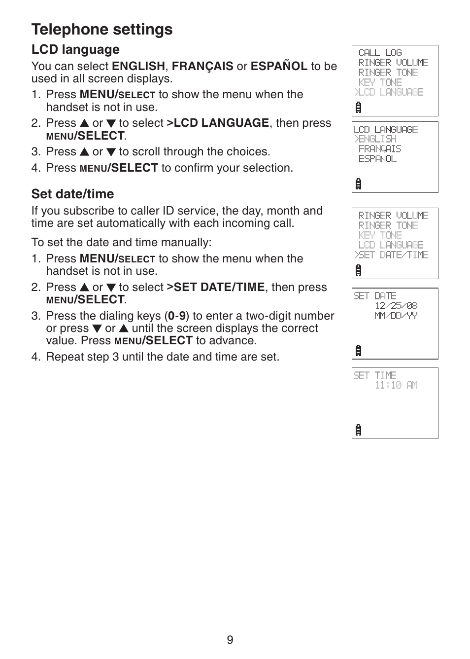 Lcd language, Set date/time, Telephone settings | VTech Dect 6.0 DS6211-4 User Manual | Page 12 / 49
