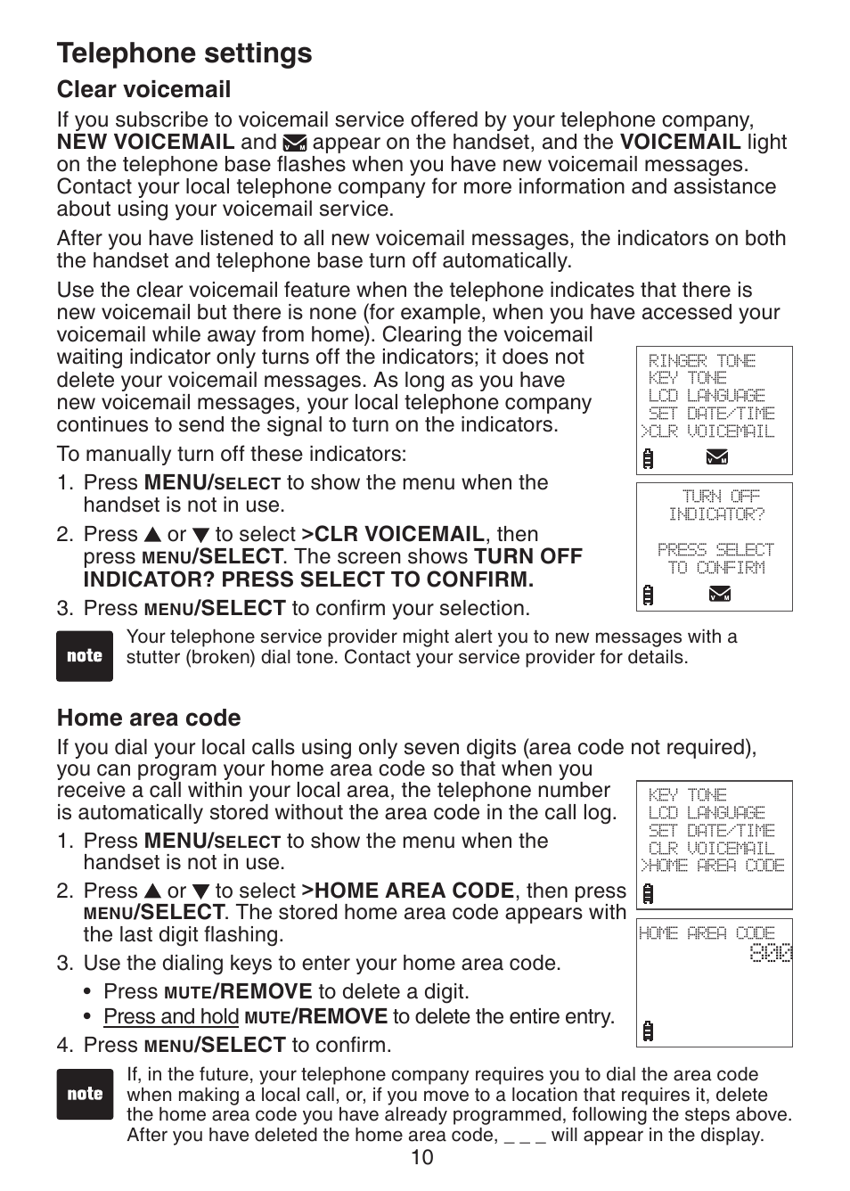 Clear voicemail, Home area code, Telephone settings | VTech Dect 6.0 DS6211-4 User Manual | Page 13 / 49