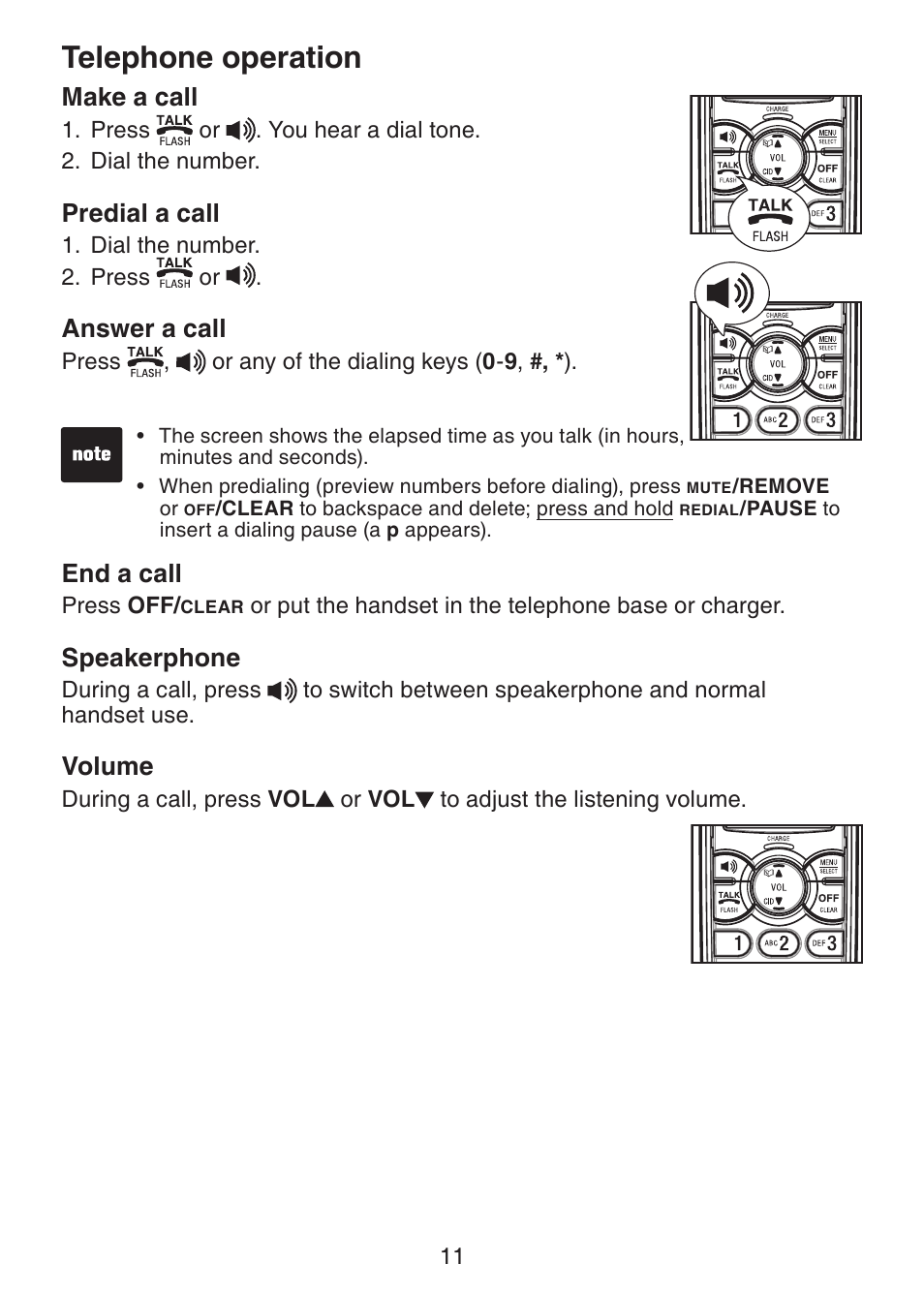 Telephone operation make a call, Predial a call, Answer a call | End a call, Speakerphone, Volume, Telephone operation, Make a call | VTech Dect 6.0 DS6211-4 User Manual | Page 14 / 49