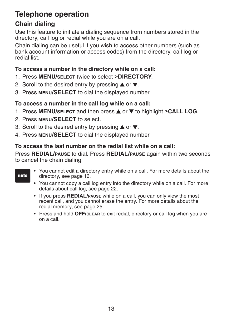 Chain dialing, Telephone operation | VTech Dect 6.0 DS6211-4 User Manual | Page 16 / 49