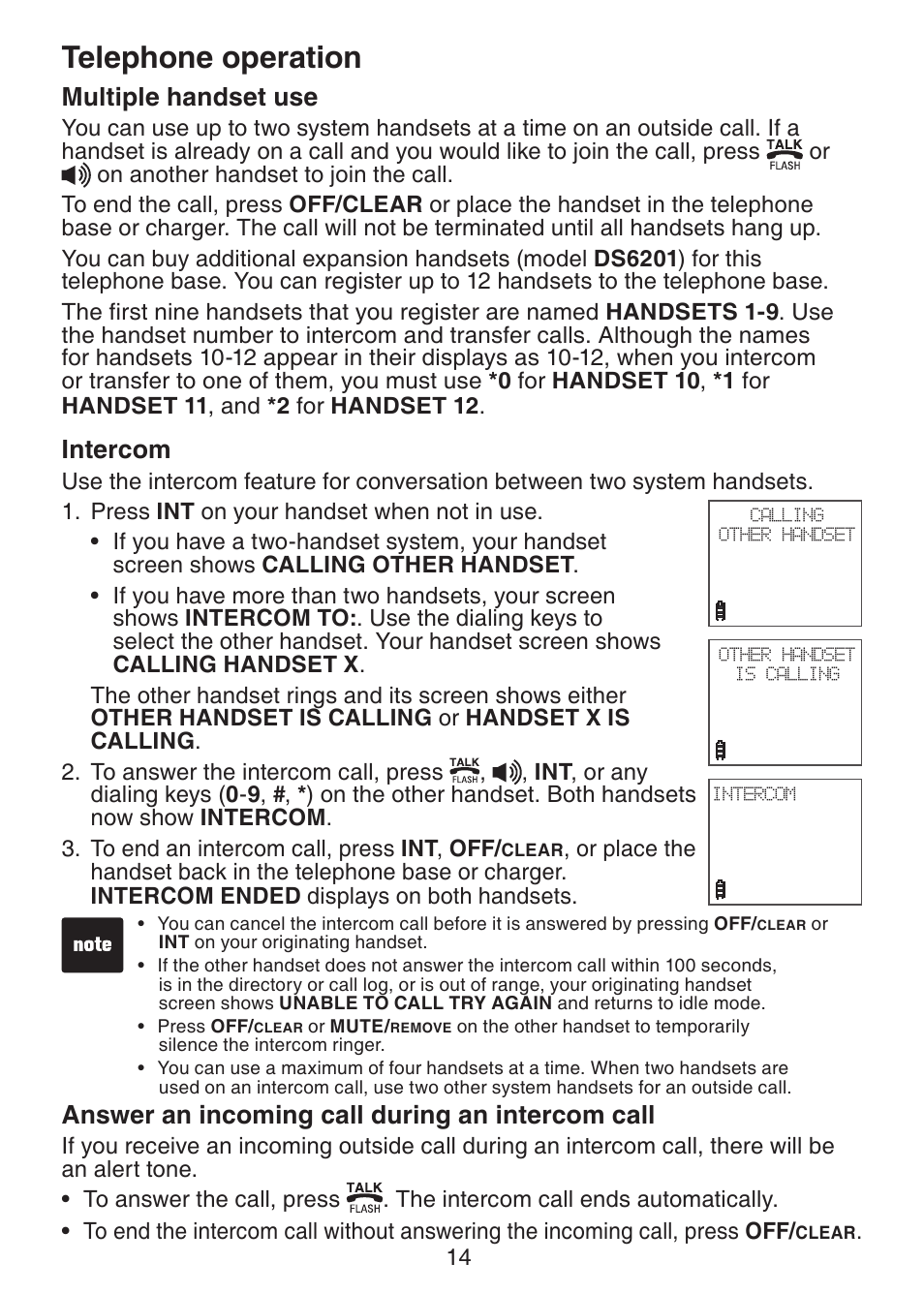 Multiple handset use, Intercom, Answer an incoming call | During an intercom call, Telephone operation, Answer an incoming call during an intercom call | VTech Dect 6.0 DS6211-4 User Manual | Page 17 / 49