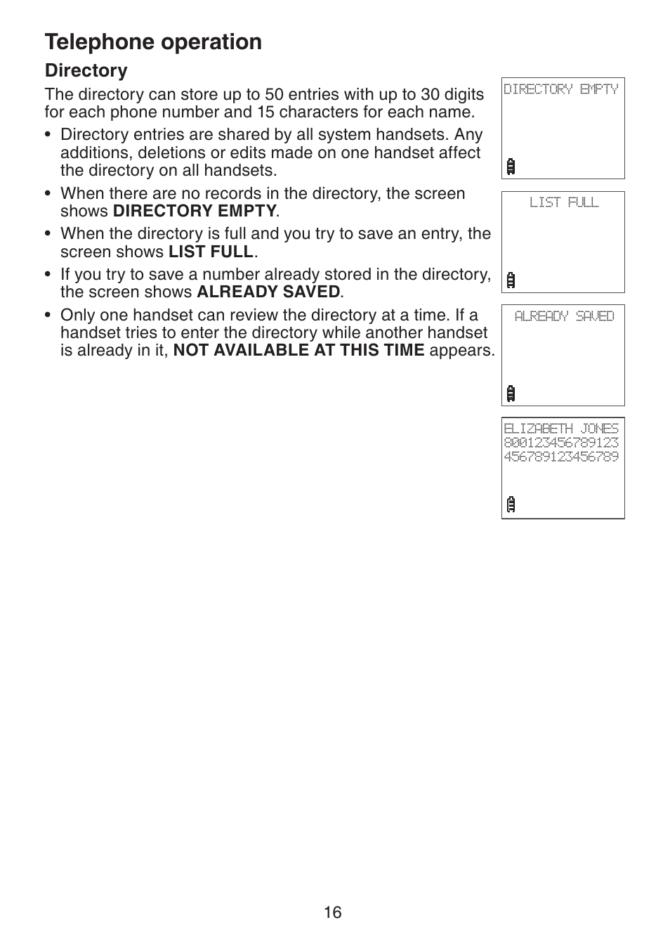 Directory, Telephone operation | VTech Dect 6.0 DS6211-4 User Manual | Page 19 / 49