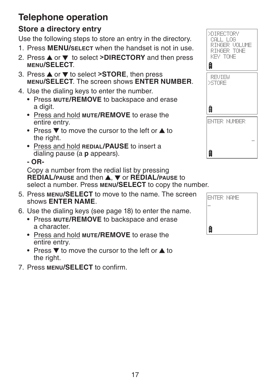 Store a directory entry, Telephone operation | VTech Dect 6.0 DS6211-4 User Manual | Page 20 / 49